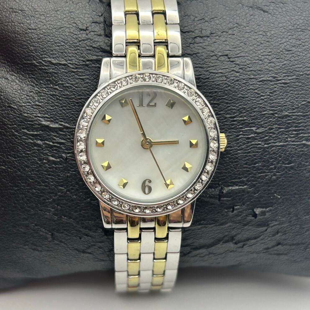 Women’s Two-tone Mother Pearl Gold Studded Dial Watch Working New Battery